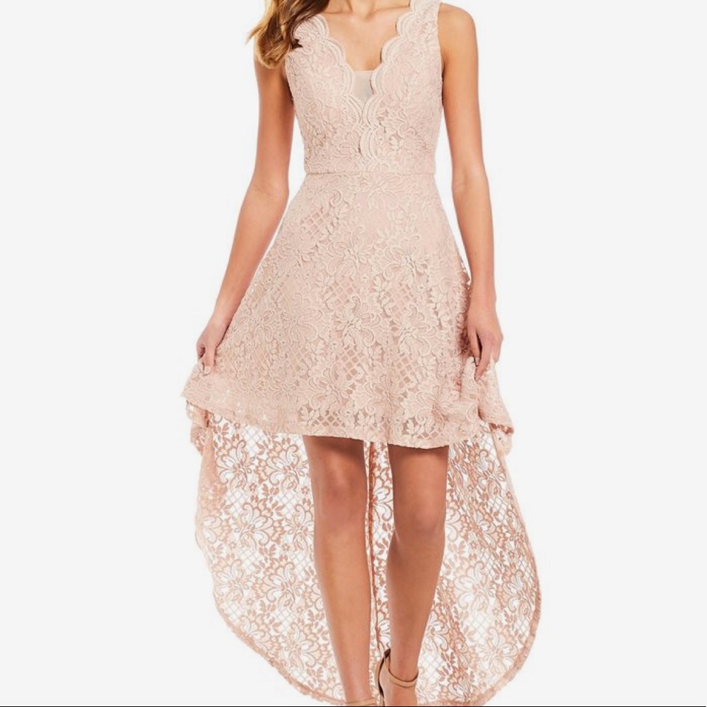 Jodi Kristopher glitter lace long high low dress